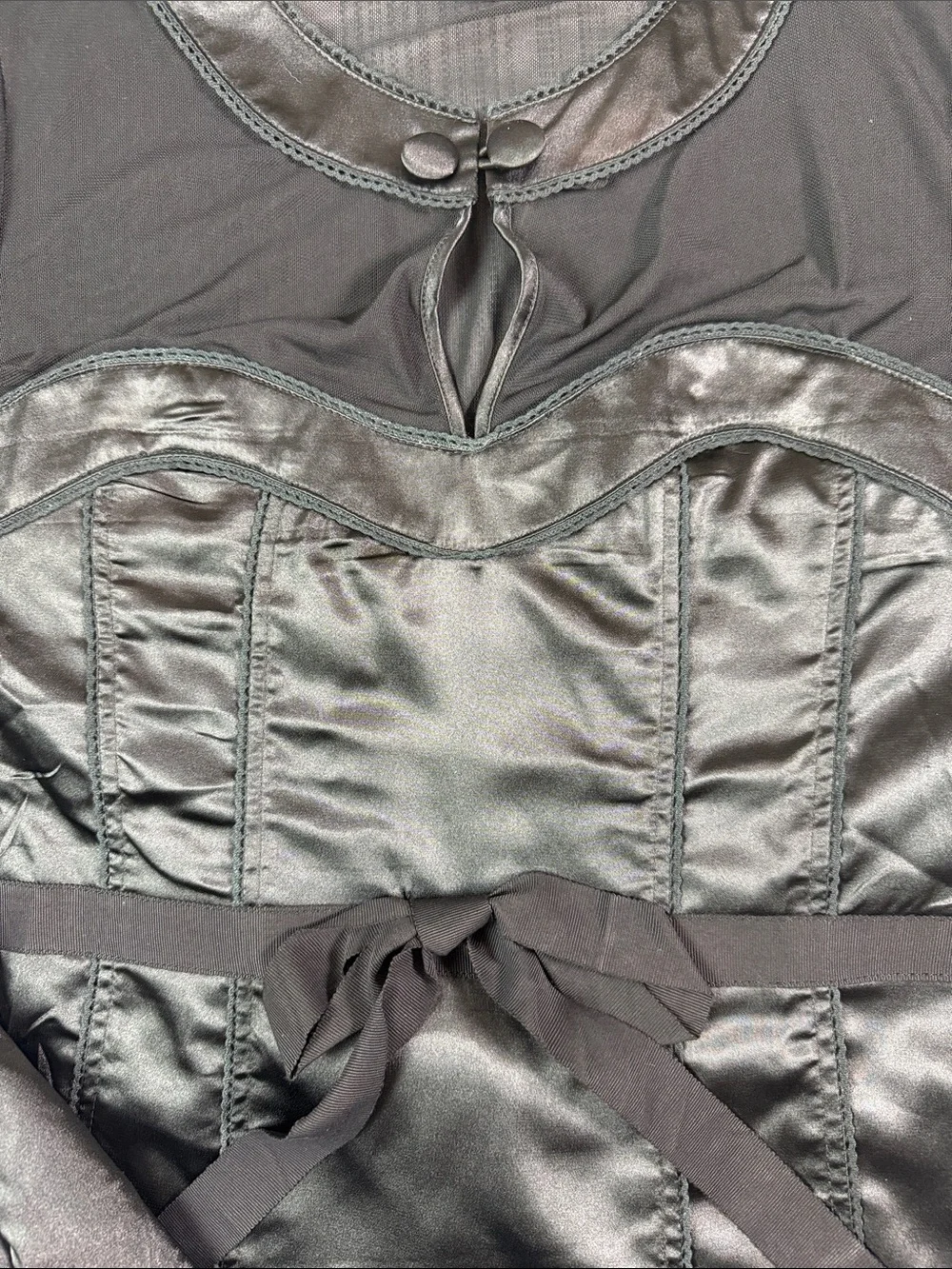 Grevercyte Black Satin Sheer Corset Style Blouse Size Large